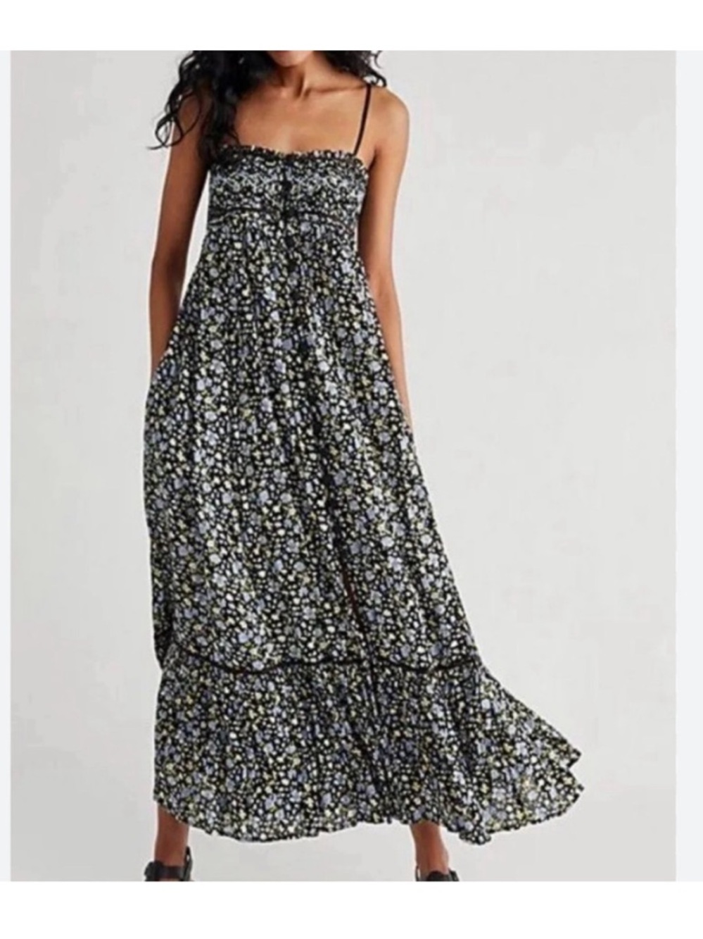 Free People Black Maxi Dress with Blue and Yellow Floral Print